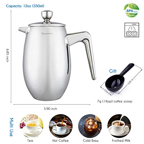 Easyworkz Nando French Press Cafetera de acero inoxidable con doble pared aislada, 350 ml - Imagen 7