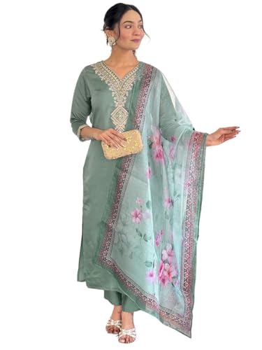 Image of Naixa Women's Rayon Embroidered Straight Kurta with Pant and Dupatta Sets (Available in Plus Size) (NX-696)