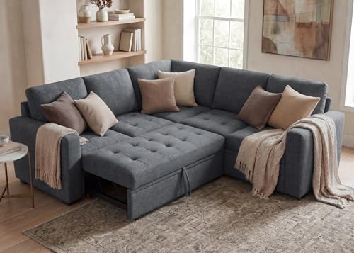 Image of HONBAY Modular Sectional Sofa with Pull Out Bed Convertible L Shaped Couch with Storage Seat Sleeper Sectional Couches for Living Room,Warm Bluish Grey