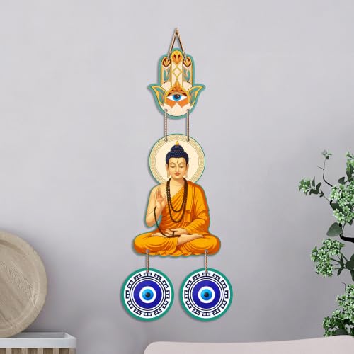 Image of Artvibes Buddha Blessing Wall Hanging with Hamsa Hand & Evil Eye Accents | Decorative Spiritual Hanging for Home Protection | Wooden Decor for Entrance | Positive Energy Wall Art (WH 85102N)
