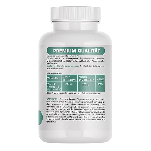 Vitamin K1 100 µg – 120 Tabletten – Hohe Bioverfügbarkeit – Beitrag zur normalen Blutgerinnung & Erhaltung normaler Knochen – Ohne Zusatzstoffe – Laborgeprüft