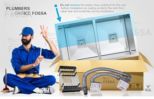 Image of Fossa (32x18x10 Inch) 𝟓-𝐘𝐄𝐀𝐑 𝐖𝐀𝐑𝐑𝐀𝐍𝐓𝐘 Premium Stainless Steel Double Bowl Kitchen Sink | Topmount Sink with Drain Basket, Drain & Square Coupling | Silver (Matte Finish)