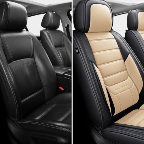 Image of MINGBRON Car Seat Covers Full Set, Brown Car Seat Cover Lumbar Support, Car Seat Protector Waterproof, Nappa Leather Car Seat Cushion, Front Seats and Back Fit for Most Cars Beige