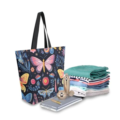 Extra Large Shoulder Tote Bag for Beach Travel Weekender Gym Colorful Butterfly Blue Yellow Pink Plants Reusable Grocery Canvas Shopping Bag3