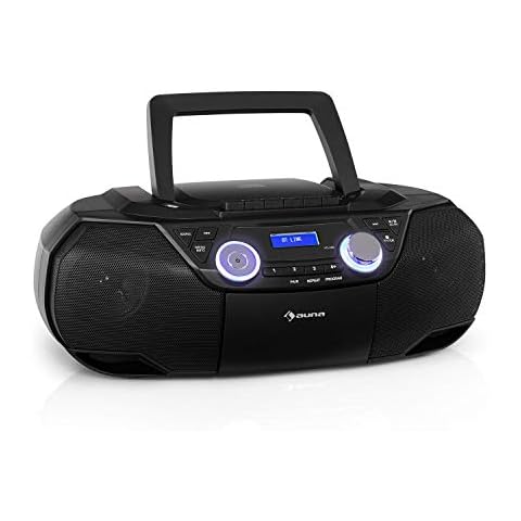 auna Roadie 2K Boombox - Radio with DAB + / FM, CD Player, CD-R / CD-RW / CD-MP3, Cassette Radio, Portable, USB Port, MP3 / WMA, Bluetooth 5.0, AUX Input, Mains and Battery Operation - Black Cover