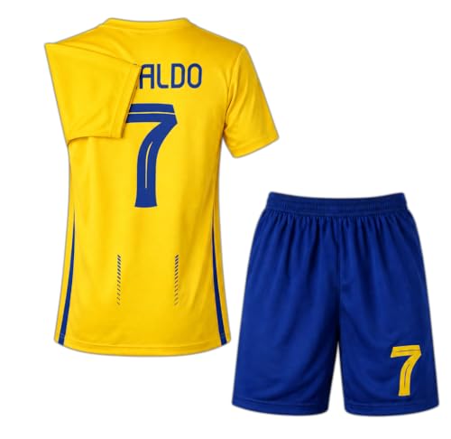 Kids Soccer Jersey Set #7 - Youth Soccer Uniform Shirt & Shorts Kit for Boys & Girls - Breathable Training Outfit for Football Fans - Birthday Gift Set (Yellow/Blue 6-7 Years)