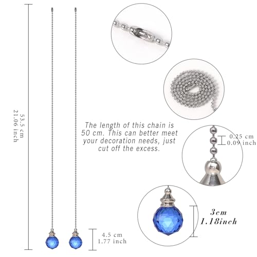 Image of 2PCS Blue Crystal Fan Pull Chain Ceiling Pull Chain Crystal Prism Ball 30mm Extension with Connector for Ceiling Light Fan