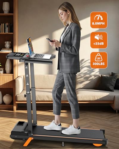 Image of 12% Incline Multifunctional Walking Pad with Height-Adjustable Handle Bar and Built-in Removable Desk, 8.0MPH /3.5HP Small Treadmill, 350LBS Weight Capacity Compact Treadmills (Black Orange, S)