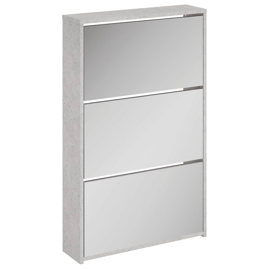 Zapatero con espejo, color gris hormigón, material de madera, 63 x 17 x 102,5 cm, 3 compartimentos, espacio de almacenamiento, para pasillo, salón, dormitorio, con estantes plegables para
