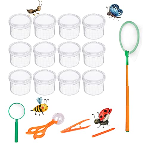 HIQE-FL 17 Stück Insekten Forscher Set,Insekten Viewer,Draussen Forscherset Spielzeug,Schmetterlingsnetz,Insektenfänger Pinzette für Kinder Wissenschaft