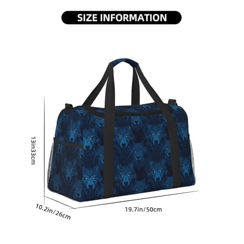 Cool Blue Wolf Head Print Duffle Bag for Travel, Carry On Weekender Overnight Duffel Bags, Gym Bags for Women Men, Personal Item Travel Bag2