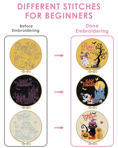 Image of Halloween Embroidery Kit for Adult, 3 Sets Embroidery Stitch Practice kit | Include Embroidery Cloth Hoops Threads for Craft Lover Hand Stitch