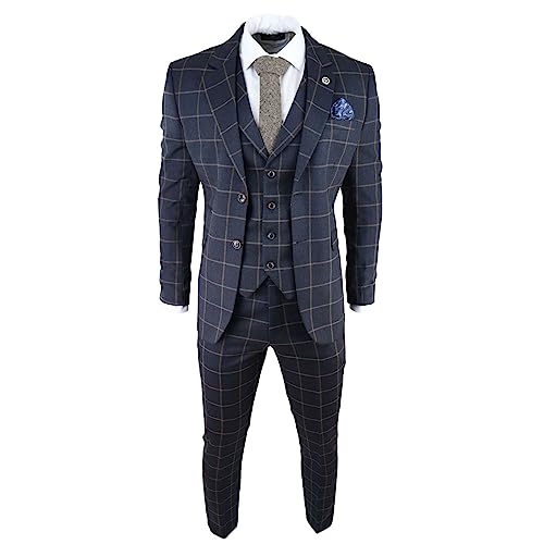 Image of Mens Blue 3 Piece Suit Tan Check Classic Wedding Prom Peaky Tweed Vintage - Navy 48