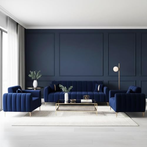 Image of FURNY Harmony 5 Seater Velvet Fabric 3+1+1 Sofa Set (Dark Blue) with Golden Finish Legs | Durable Comfort | Ideal for Living Room, Offices