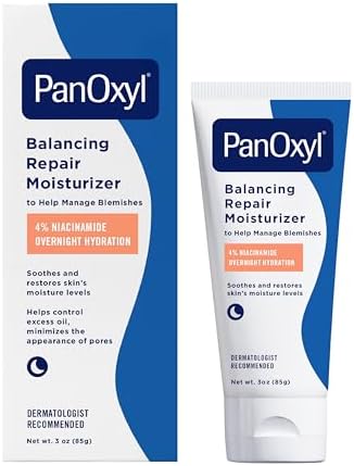 PanOxyl PM Balancing Repair Moisturizer with Niacinamide, Ceramides and Cica, Hydrating Face Moisturizer, Acne Prone Skin and Dry Skin, Non-Comedogenic Night Face Moisturizer, 3 oz
