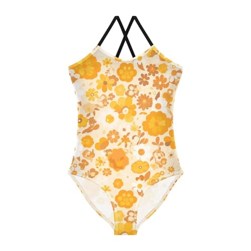 Vintage Yellow Orange Floral Pattern Kids Girls 1 Piece Swimsuits Beach Swimwear Adjustable Strap Quick-Dry