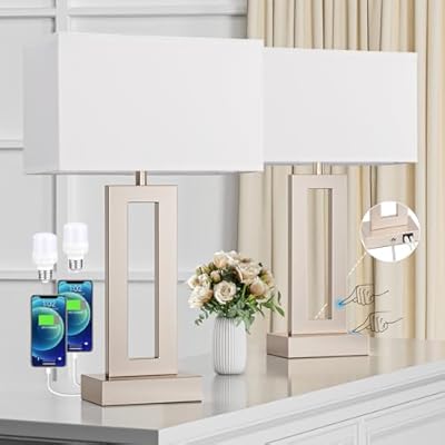 Nightstand Table Lamps for Bedrooms Set of 2 - Touch Bedside Lamp with USB C+A, 3 Way Dimmable Living Room Lamps for End Tables Set of 2(White&Flash-Grey)