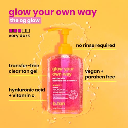 Image of b.tan Dark Clear Self Tanner Gel | Glow Your Own Way - Best Transfer Resistant, Ultra Quick Bronze, Gradual Sunless Tanning Lotion, Deep Moisturizer, No Fake Tan Smell, 16 Fl Oz