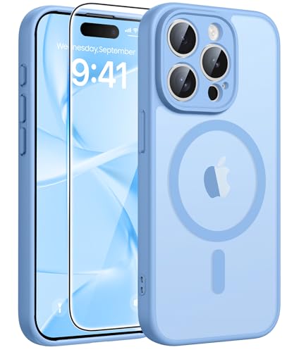 Image of FNTCASE for iPhone 15 Pro Max Case: [Compatible with Magsafe] Translucent Matte Cases with [Full Camera Protection] [Screen Protector] Military Grade Shockproof Protective Phone Cover - Light Blue