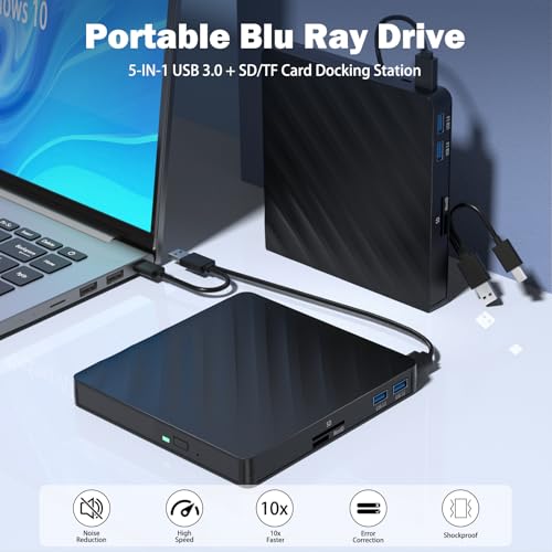 5 in 1 External Blu Ray Drive, Portable Blu Ray Player with USB 3.0 Type-C, CD DVD Burner 3D Blu Ray with SD/TF Port, Blu Ray Drive Compatible with Windows Laptop Desktop (Updated Version)