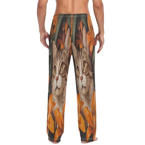 ALAZA Men's Cat in Orange Lily Bushes Sleep Pajama Pant2