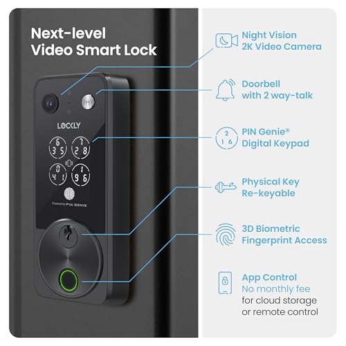 Image of Lockly Vision Zeno Smart Lock with Video Doorbell Camera, Fingerprint Keyless Entry with Apple Home Key, Wi-Fi Deadbolt for Front Door, PIN Genie Keypad, App Remote Control, 2 Rechargeable Batteries