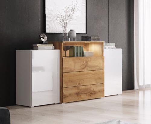 Moderno aparador de almacenamiento con LED blanco/roble Wotan/blanco brillante MINIO cómoda KORFU III para sala de estar