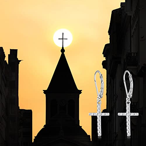 Cross Earrings For Women 925 Sterling Silver Cubic Zirconia Dangle Drop Earring Cross Leverback Earrings Religious Jewelry Gift For Women Girls Men #TOP6