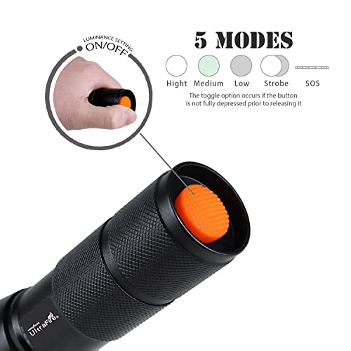 ULTRAFIRE LED Tactical Torch with Red Light Green Light, 900 Lumens Zoomable 5 Modes with Flashlight Holster, Rechargeable Battery and Charger, Bicycle Mount, 3-Color Interchangeable Filter