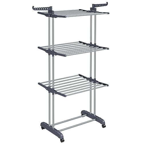 Songmics Grote kledingluchter, opvouwbaar, 4-laags droogrek, beweegbaar rekje, 64 x 126 x 172 cm, roestvrij staal, opvouwbare vleugels, eenvoudige montage, voor binnen en buiten, grijs, LLR701G01