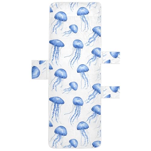 BOESI Watercolor Blue Jellyfish Beach Chair Towel, Outdoor Pool Chair Cover, with Pockets, Suitable for Outdoor Beach Garden Sunbathing, 85'' x 30''