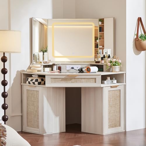 Lerliuo Corner Vanity Desk with 3 Way Mirror and Lights,