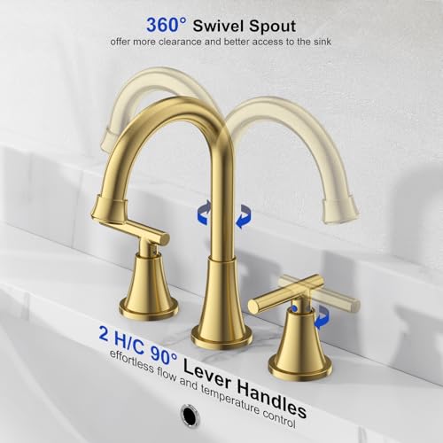Image of Bathroom Faucet 3 Hole, Brushed Gold Faucets with Drain and Supply Lines | Hurran Stainless Steel Lead-Free Widespread Bathroom Sink Faucet for Vanity RV Restroom Laundry Outdoor Camper, 2 Pack