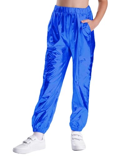 Kids Boys Girls Metallic Shiny Pants Elastic Waist Trousers with Pockets Hip Hop Jazz Dance Pants