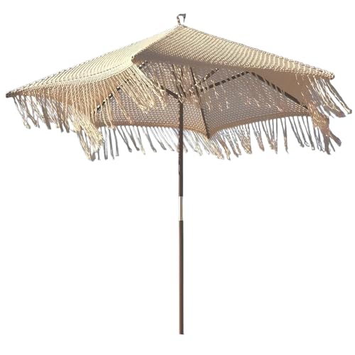 2.50 2.70 3.00 Hollow Woven Beach Umbrella, Bohemian Style Decorative Garden Parasol, Pool Umbrella With Tassels, With Rope Pulley Function, 48mm Wooden Pole For Patio Lawn Backyard Deck(270cm/8.85ft)