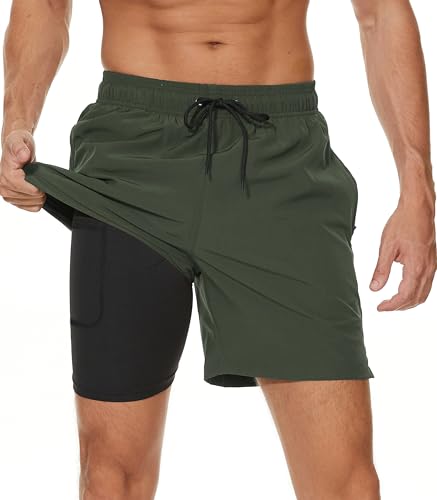 Image of Mens Swim Trunks Compression Liner No Mesh Swimming Trunks Men Swimwear Quick Dry Above Knee Zipper Pocket Swim Shorts