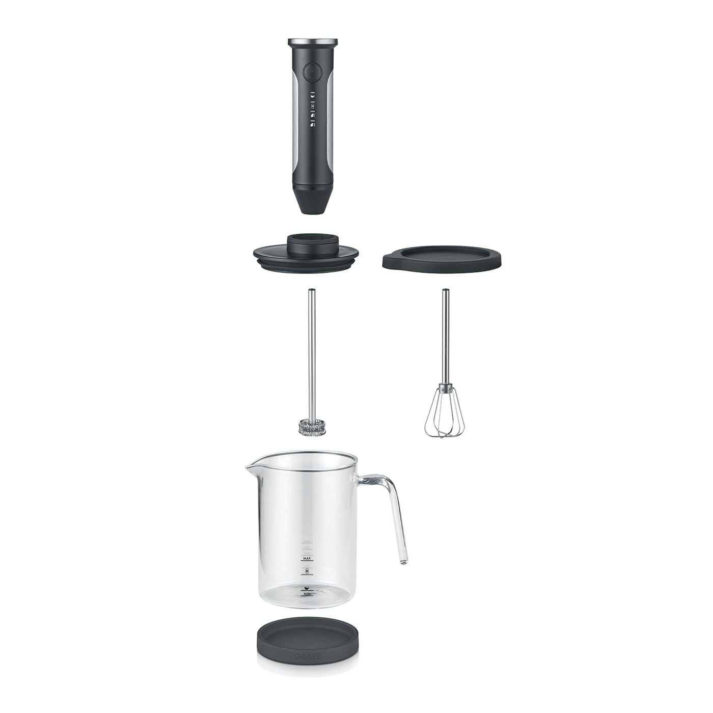 Espumador de leche sin cable GRAEF MS202EU Negro, agitar, espumar y mezclar, jarra de leche de cristal, manejo sencillo e intuitivo con un solo botón, 4 funciones, fácil de manejar con un solo botón