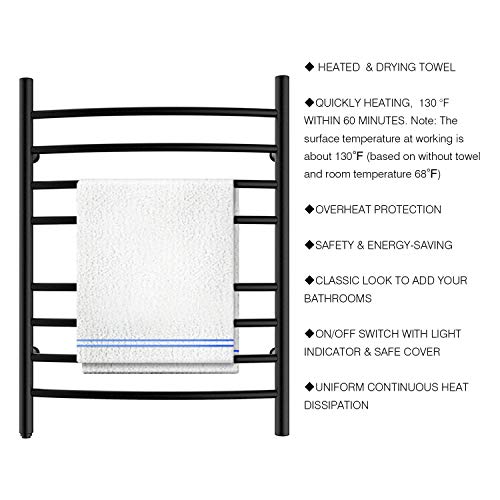HEATGENE Towel Warmer 8 Bar Plug-in Curved Bath Towel Heater Towel Warmer for Bathroom Plug-in Drying Rack Matte Black
