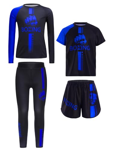 CHICTRY Kinder Jungen Boxen Set Langarm Sportshirt Kurzarm Kickboxen T-shirt Trainingshose Boxing Shorts Kampfsporttraining Anzug Wushu Kleidung Blau 110-116