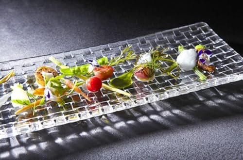 Image of Crystal Glass Serving Tray Rectangular 11 inch | Elegant Grid Relief Long Clear White Serving Plate | Serve Appetizer,Food,Sushi, Snack, Fruit, Cake & Dessert for Holiday Party