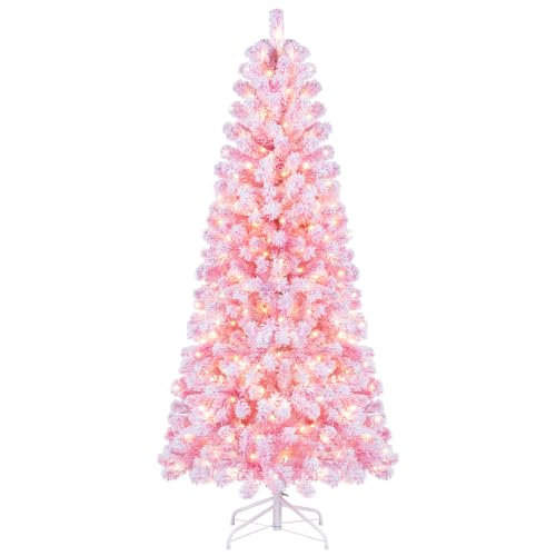 HAPPYGRILL 6 FT Snow Flocked Pre-Lit Artificial Christmas Tree, Pink Tree