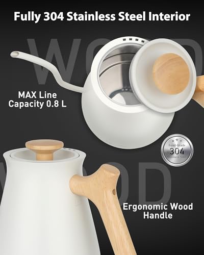 Image of Harriet Gooseneck Electric Kettle 1200W Fast Heat, 0.8L Stainless Steel, Precision Temp Control & Timer, Wood Handle