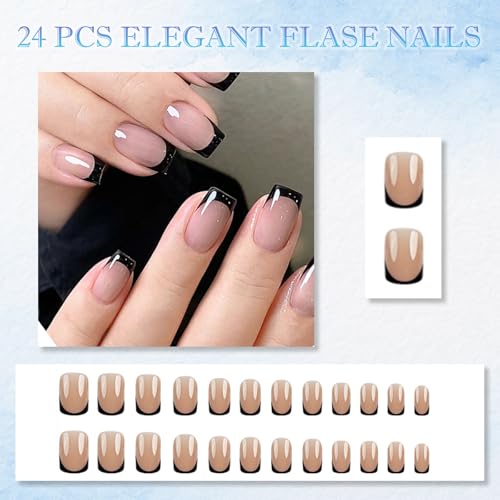 24PCS Short Square False Nails French Tip Press on Nails with Black Line Design, Nude Pink Stick on for Women, Includes Jelly Adhesive Tabs, Removable Elegant Fake for Daily or Special Occasions