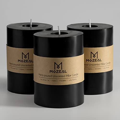 MOZEAL 3 x 4 Hand-Poured Unscented Candle Dripless Pillar Candle Set of 3 Long Clean Burning Approx 72 Hours Burn Time Rustic Country Style Wedding Dinner Christmas and Home Decor Black