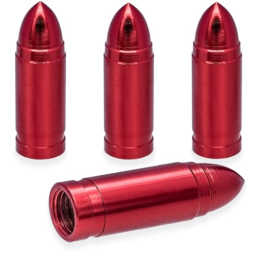 MEAJOO 4PCS Bullet Tire Valve Caps, Aluminum, Red