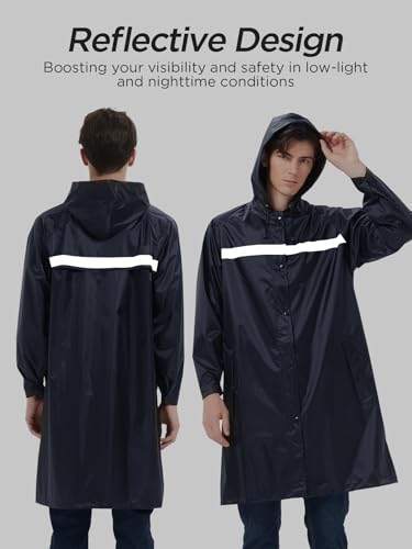 Image of Mens Long Safety Rain Coats with Air Vents Reflective Stripes Waterproof Packable Rain Jacket with Hood Lightweight