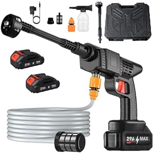 JIMACRO 21V Kabelloser Hochdruckreiniger mit Akku, 6-in-1 Verstellbare Düse Tragbarer Akku Hochdruckreiniger mit 5M Schlauch MobilerHochdruckreiniger für Waschen und Bewässerung