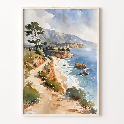 Pebble Beach California Watercolor Painting, Pebble Beach Monterey Print, Coastal