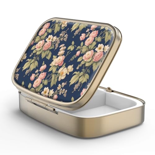 Image of Pill Case Pill Box with Mirror Retro 2 Compartment Small Pill Case for Purse or Pocket Bronze Rectangular Pill Box or Vitamins, Fish Oil, Supplements, Pill Containe Travel Gifts(Retro Rose Floral)