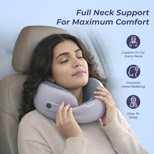 Image of Billebon Ultrasoft Memory Foam Neck Pillow for Travel, Lightweight Comfortable & Breathable Cover, Airplane Travel Pillow Combo with Premium Eye Mask and Carry Bag. (Grey)